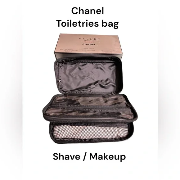 385. Allure Chanel black toiletries zipper bag w box